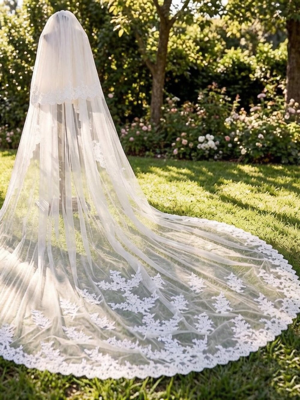 New Royal Cathedral Lace Trim Veil 2 Tier 138" Long x 118" Wide W/ Metal Comb